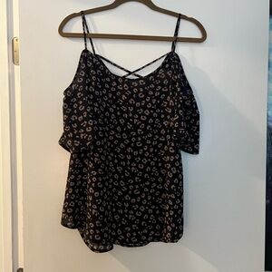 Leopard print cold shoulder top with cross back detail